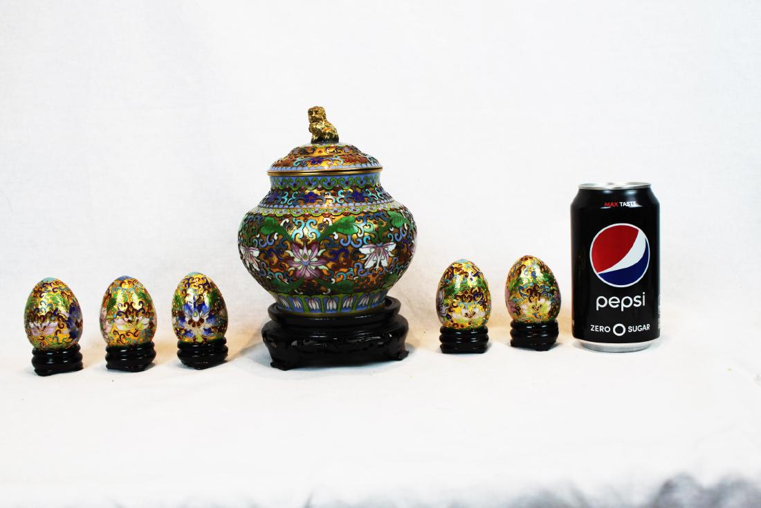 Six Pieces of Chinese Cloisonne Items with Wood Base (1 of 9)