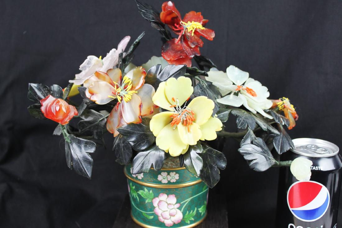 CHINESE ROSE QUARTZ TREE IN CLOISONNE PLANTER (1 of 7)