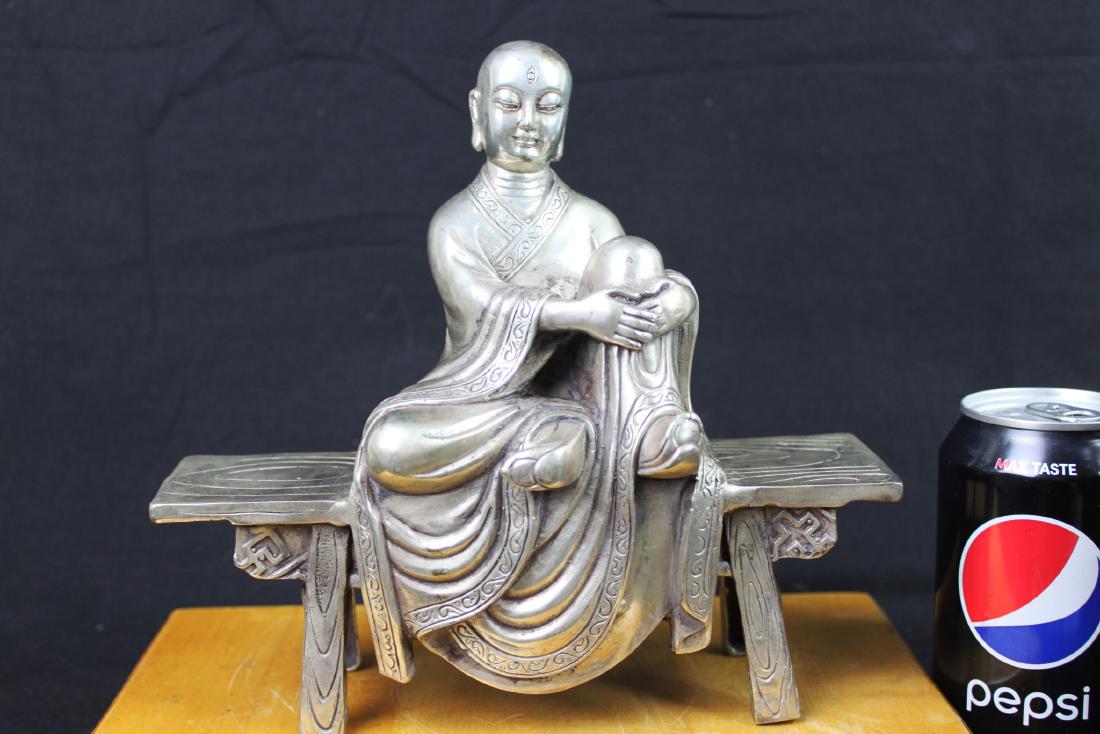 Antique Chinese Sterling Silver Guanyin Statue: 8''x8''x3''