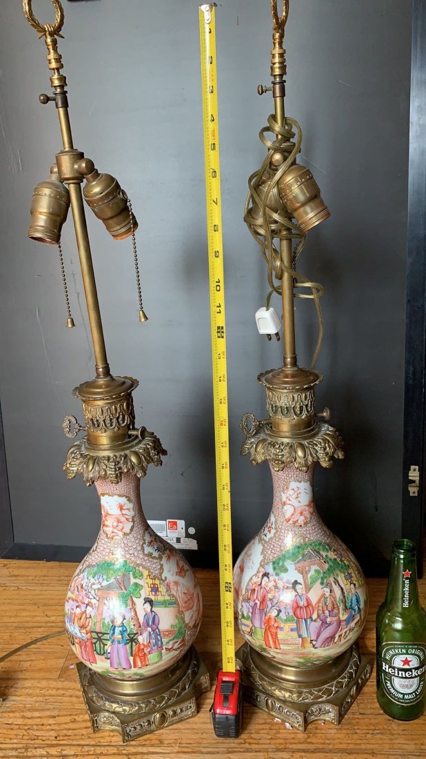 A Pair antique Chinese Familie Rose Porcelain Lamp: height 29''