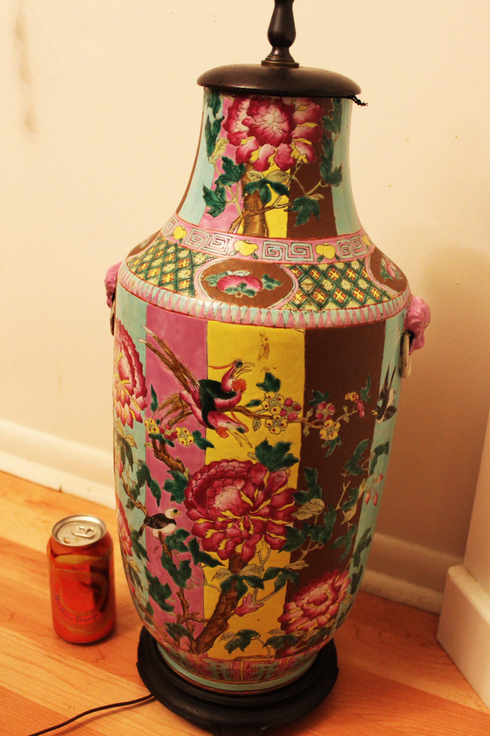 Antique Chinese Wucai Porcelain Vase Lamp: 10''x22''