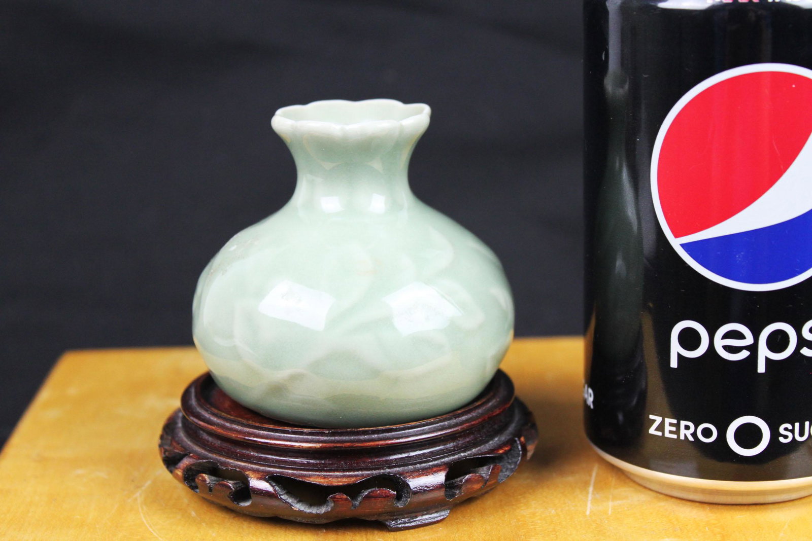 Chinese Junyao Mini Vase w/ Wood stand: 3''x2.5''