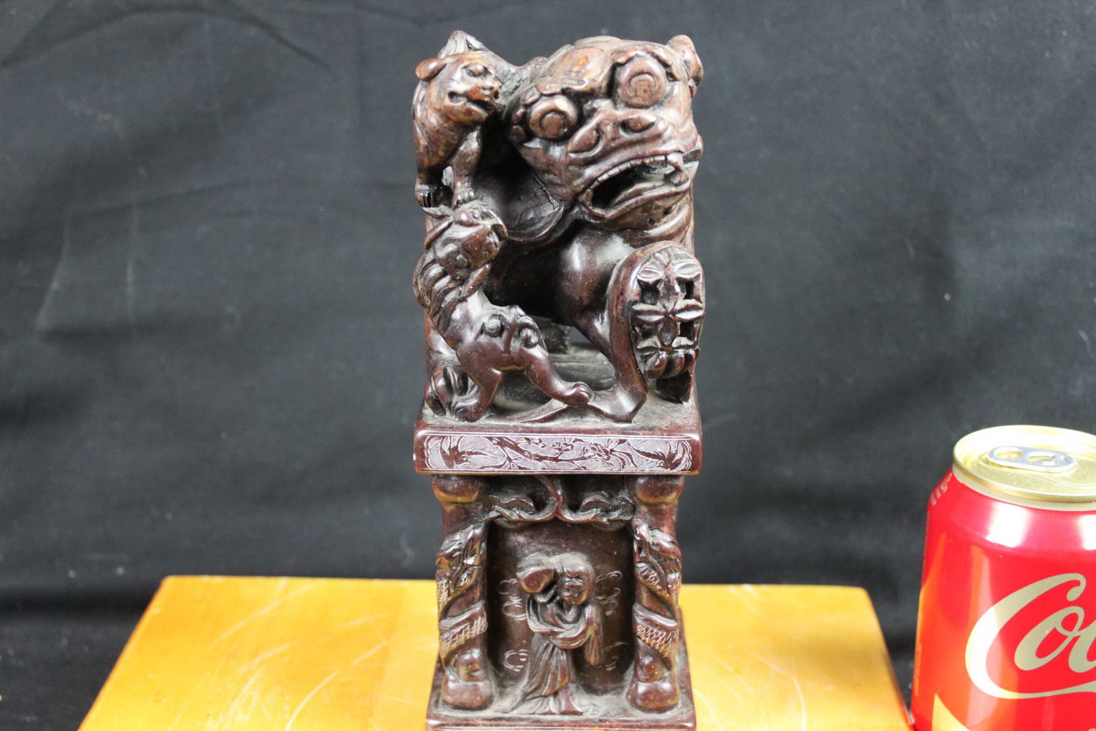 Chinese Hand Carved Stone Seal Lion: 3''x8''