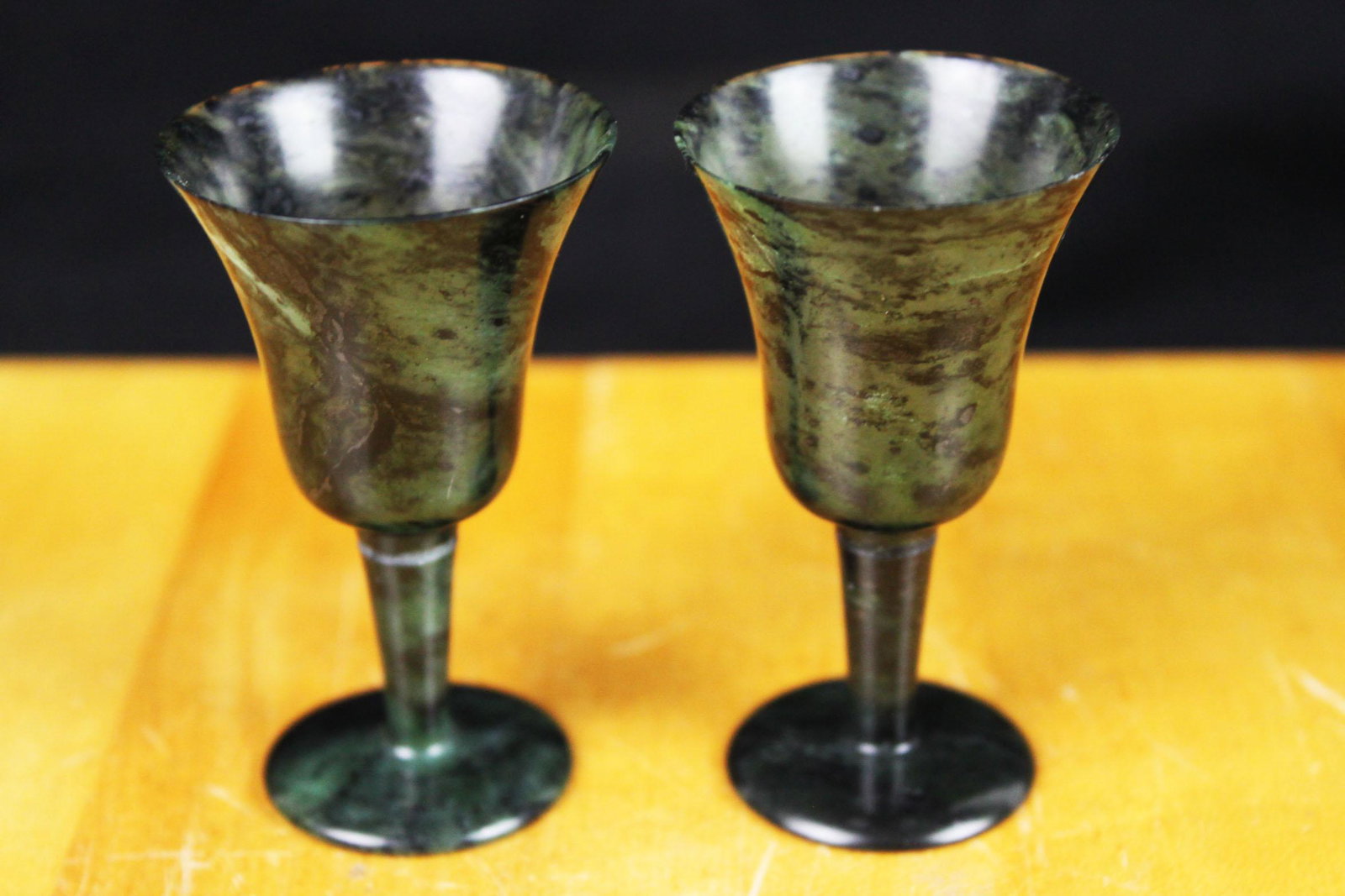 A pair Chinese Green Jade Shot Glasses: 1.5''x2.5''