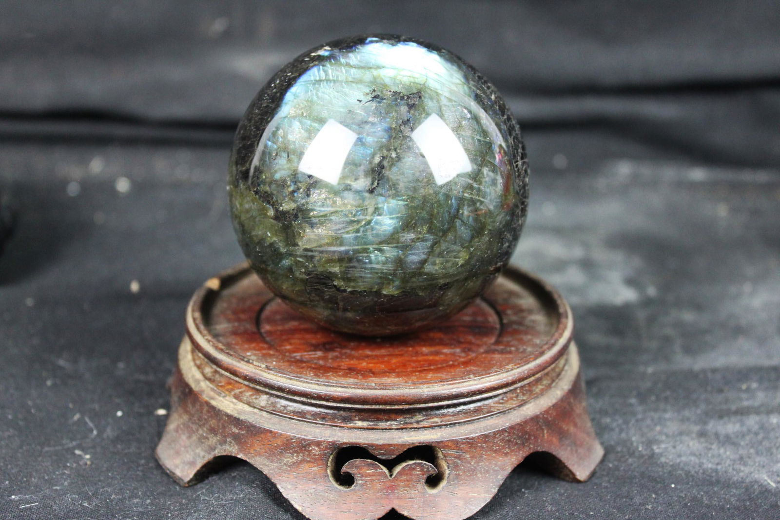 Antique Hand carved Black Crystal Ball w/ wood stand (1 of 2)