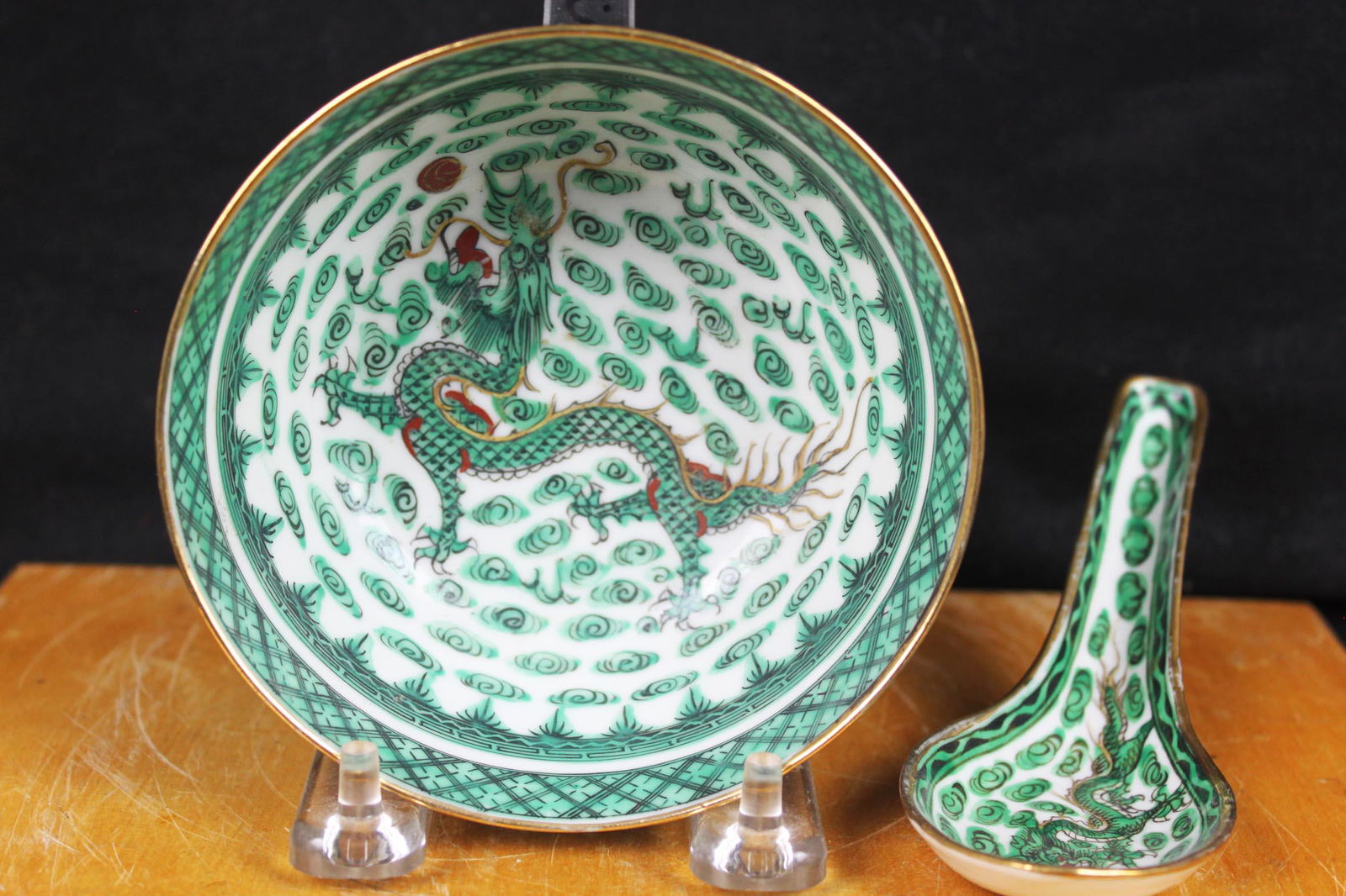 Antique Chinese Green Dragon Pattern Porcelain Plate/spoon: 4''x2'', 5''x2''