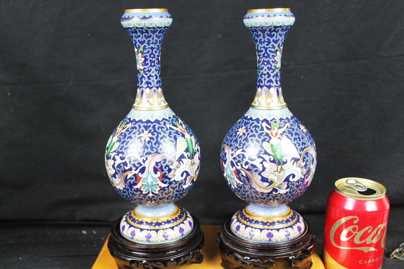 A Pair Antique Chinese Cloisonne Vase w/ wood stands (1 of 10)