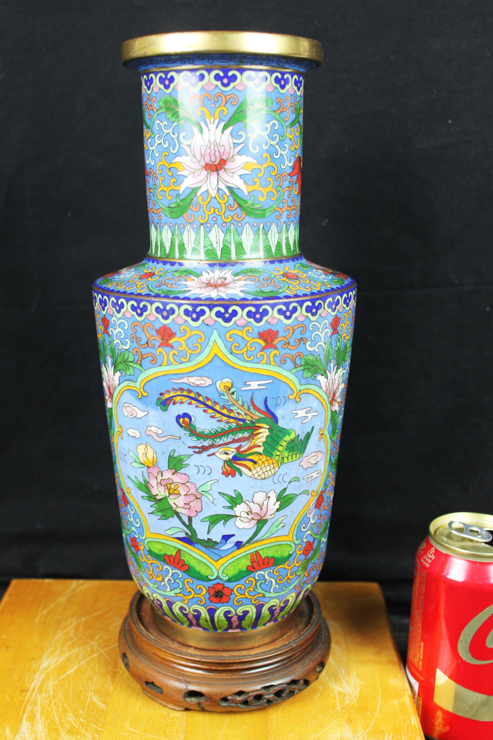 Antique Chinese Cloisonne Vase w/ wood stand (1 of 19)