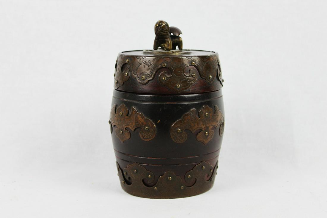 Antique Chinese Brass Covered Wooden Container w/ Bronze Foo Dog on Top. (1 of 5)