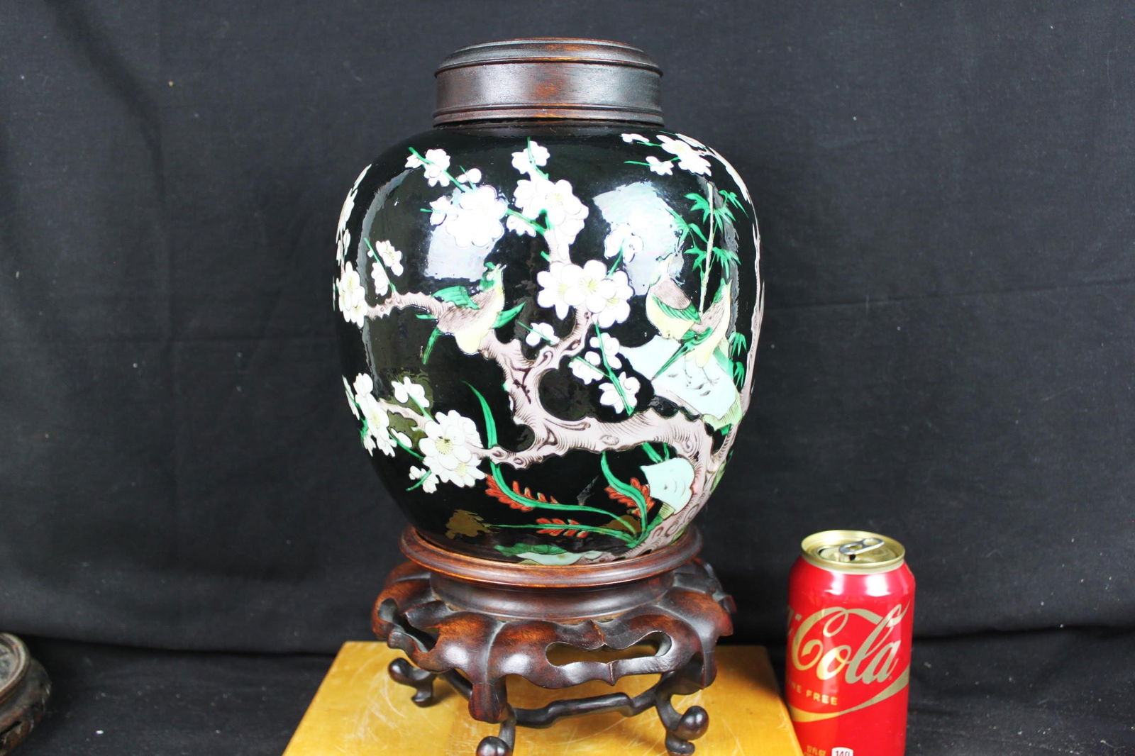 Antique Chinese Black & Plum Flower Vase: 9.5''x8''