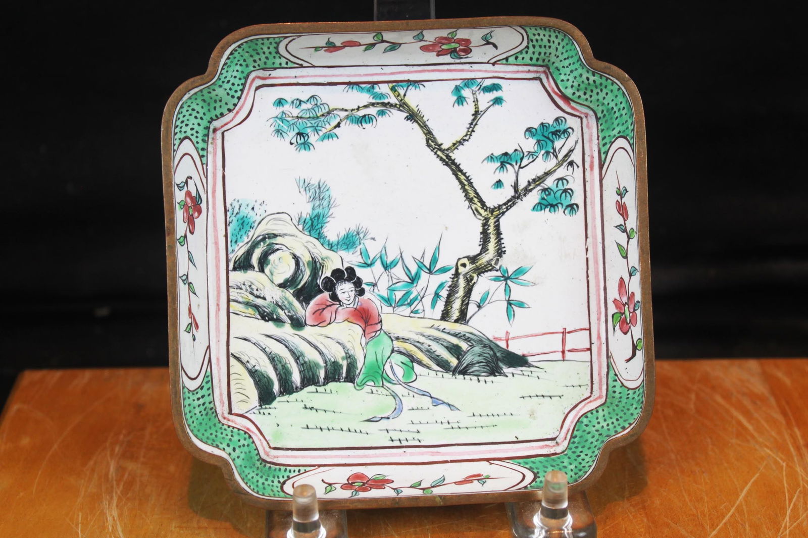 Antique Chinese Cloisonne plate with Hand carved Jade in center: 4''x0.8''