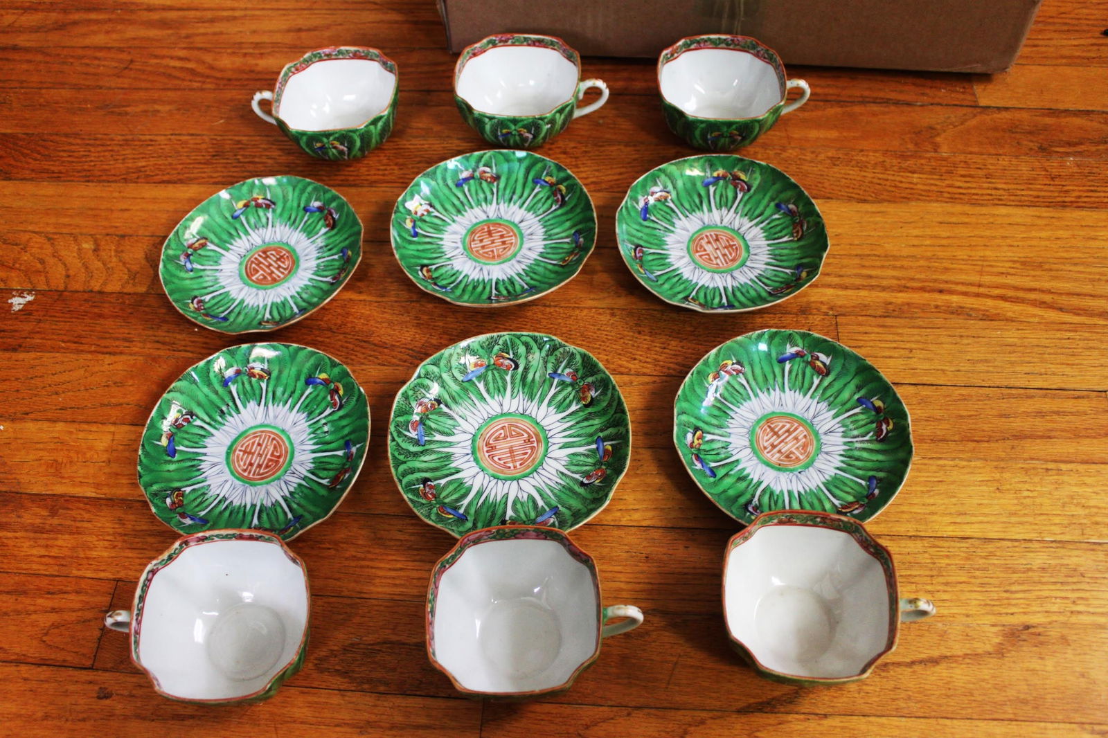 Exported Sweet set of Six Bok Choy porcelain antique tea cups and plates. Stamped CHINA, which dates: 5.5''x1'', 5''x3.5''x2''