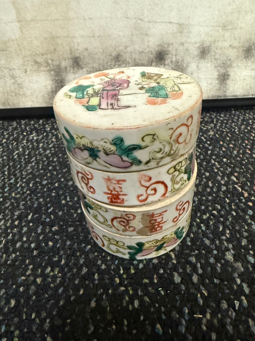 Antique 19th Century Chinese Porcelain Stacking Box Famille Rose Butterfly (1 of 5)