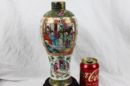Antique Chinese Famille Rose Medallion Vase with Court Scene Panels