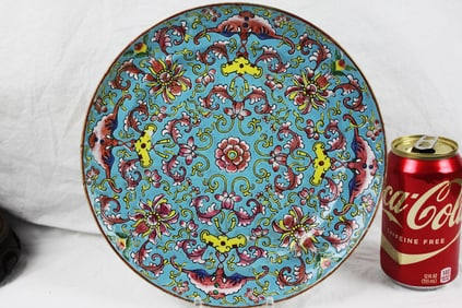 Antique Chinese Famille Rose Turquoise Ground Plate with Lotus Scroll and Bat Motif