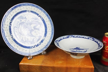 Chinese Blue and White porcelain rice eye grain plate and bowl