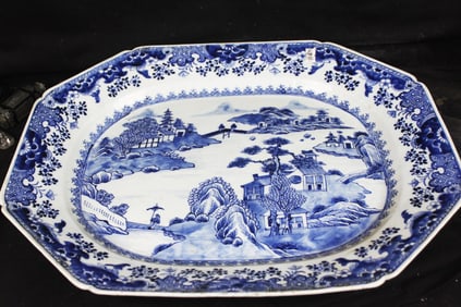 Antique blue and white Chinese export porcelain serving dish-Qing Dynasty