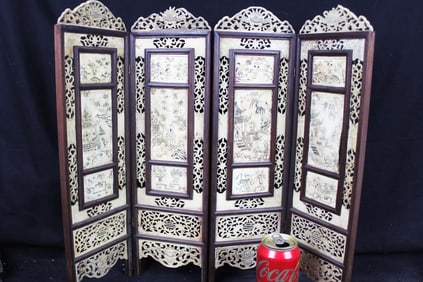 Antique Chinese Hand Carved Hardwood Panel w/ Painting