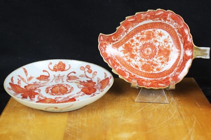 antique CHINESE GUANGXU PERIOD IRON RED PORCELAIN SAUCERS and plate