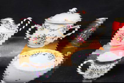 Chinese Export Famille Rose Qianlong Covered Flower Tureen, saurcer, and bowls.
