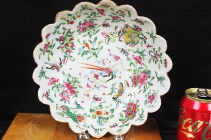 Antique Chinese Porcelain Cantonese Dish Birds Butterflies Flowers