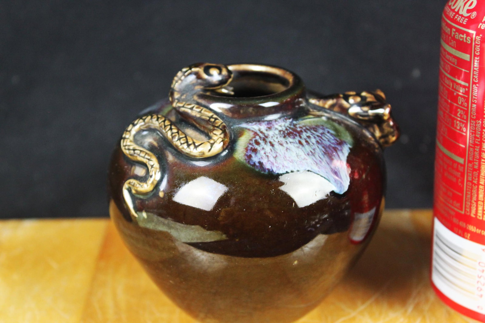 Antique Asian Brown salt glaze pottery Sneak Vase: 4''x3.5''