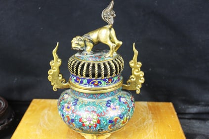 Qianlong Chinese Cloisonne Enamel Bronze Gilt Dynasty Lion incense burner