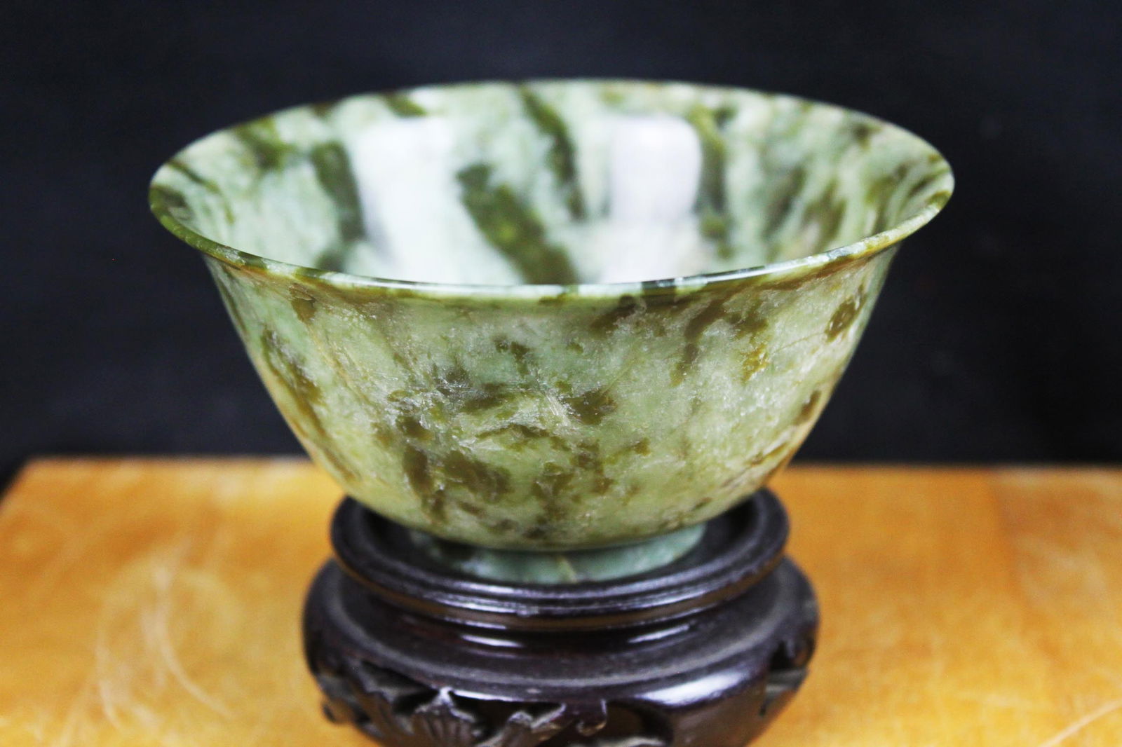 Antique Chinese Small Veined Spinach Jade Footed Bowl Hand Carved (1 of 3)