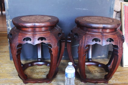 A Pair of Vintage Asian Rosewood Carved Pedestal Stand Side Table