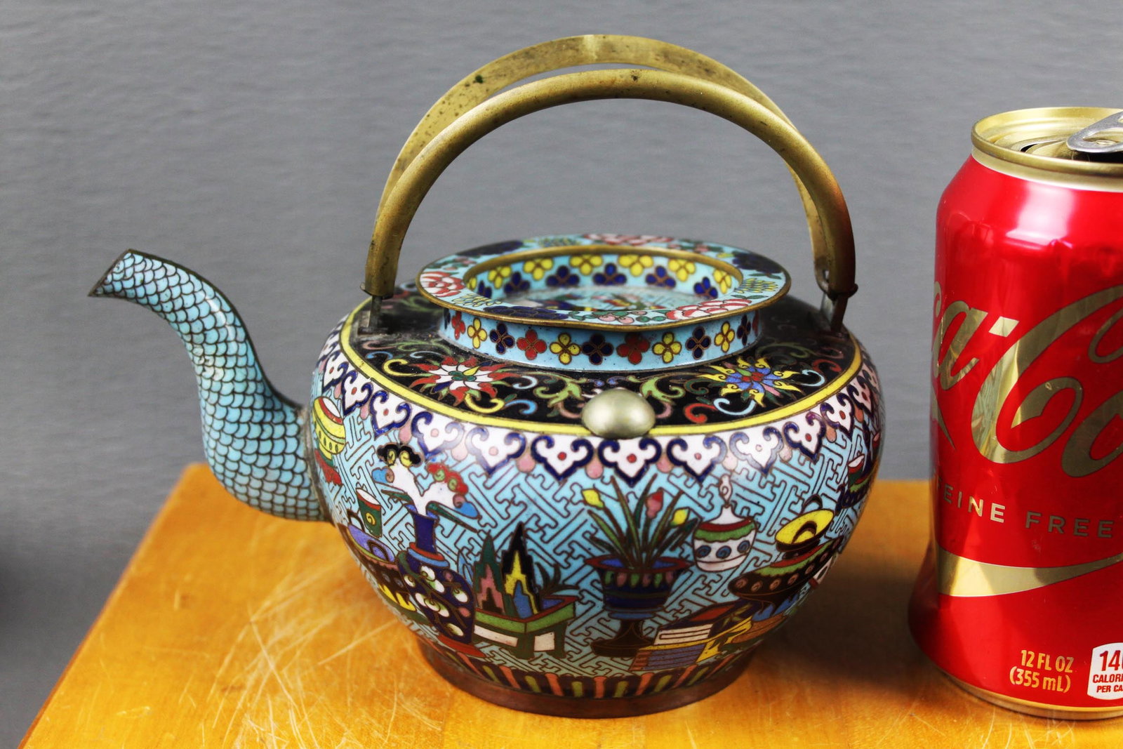 Antique Chinese Cloisonné Enamel Teapot with Floral and Scholar’s Object Motif: 7.5''x4''x5''