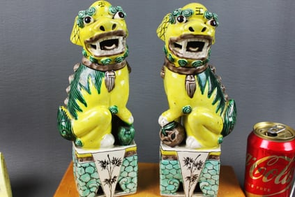 Antique Pair of Chinese Sancai Glazed Ceramic Foo Dogs