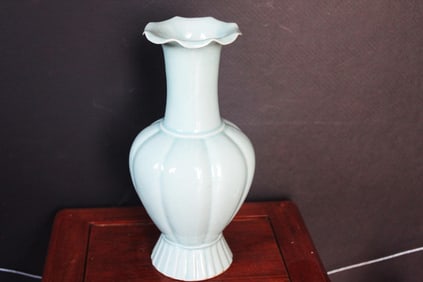 Celadon Hand Painted Porcelain Ruffle Top Vase