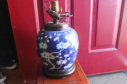 A Small Scale 19th Century Blue and White Porcelain Lamp