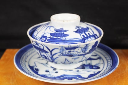 Chinese export porcelain covered tea bowl w/ underplate