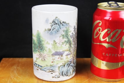 Antique Chinese Pastel Porcelain Painting Landscape pen holder Brush Pots
