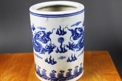 Antique Chinese Blue and White Porcelain Brush Pot