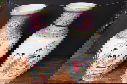 Large Pair of Chinese Porcelain Famille Rose Vases in Mirrored Images, Marked