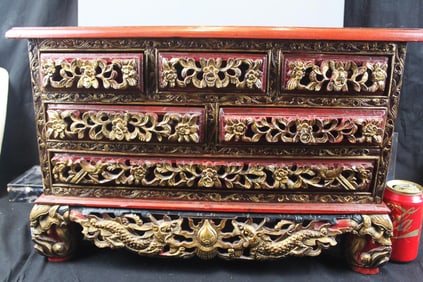 Antique Chinese Hand-Carved Lacquered and Giltwood Scholar's Chest