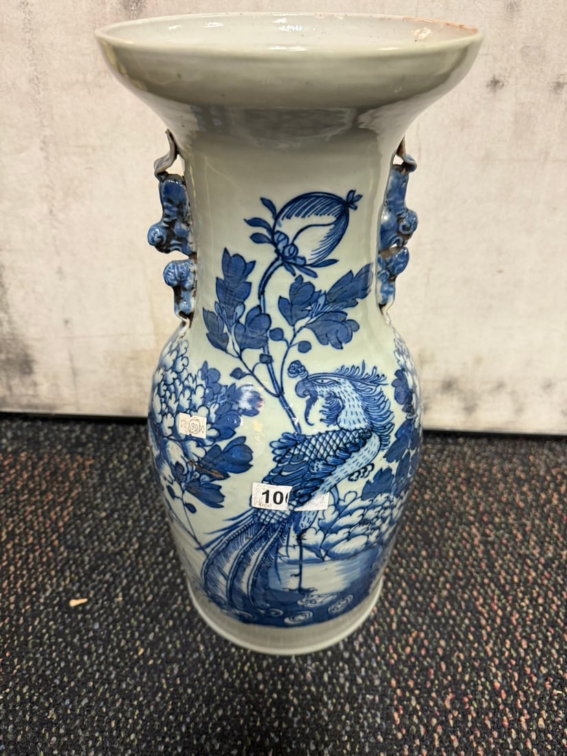 LARGE 17" 19th CENTURY ANTIQUE CHINESE PORCELAIN BLUE WHITE CELADON CRANE VASE (1 of 7)