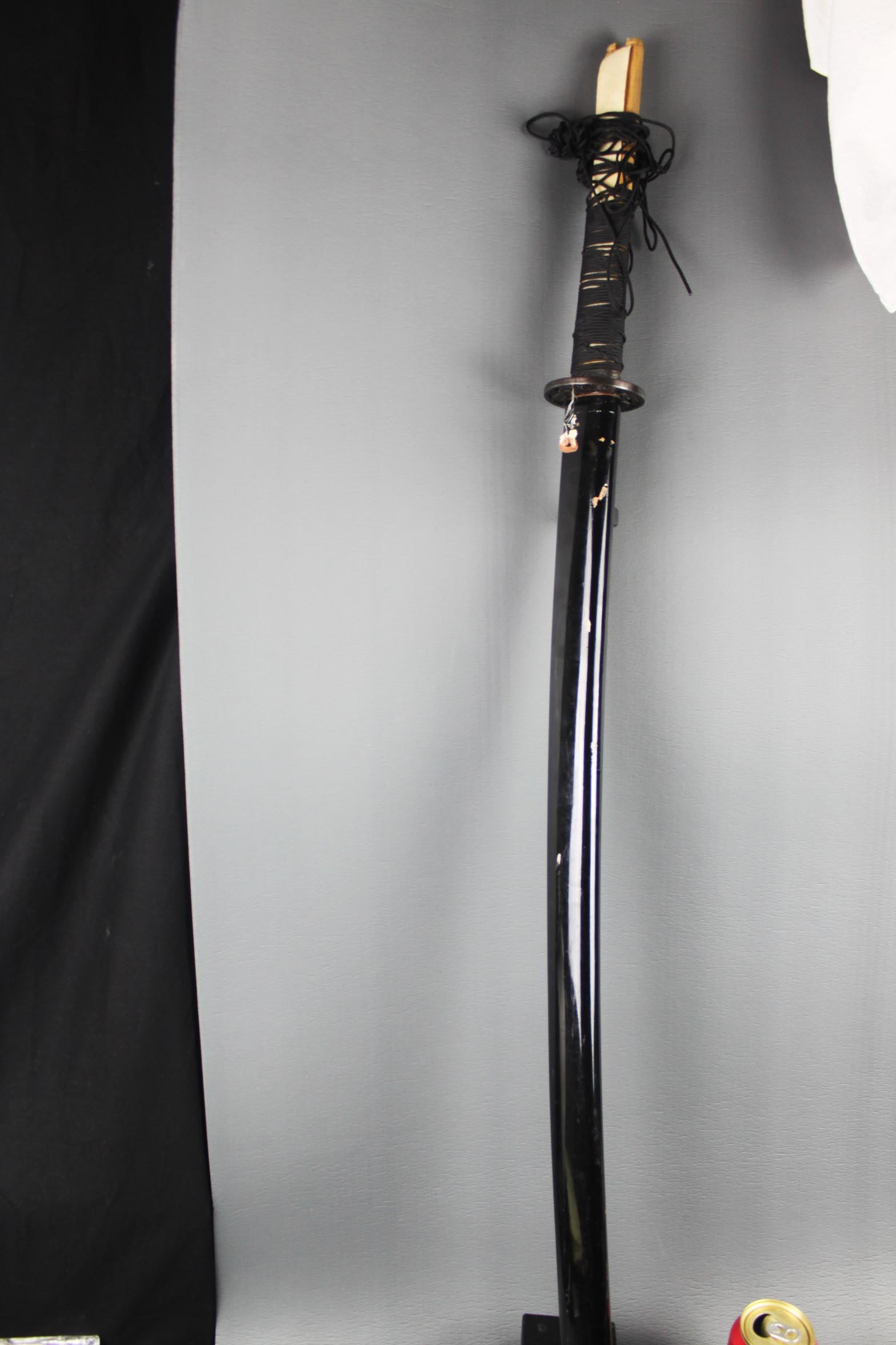 Vintage Japanese Katana with Dragon Tsuba and Black Lacquer Scabbard: 42''x3''x2'' Sharpened
