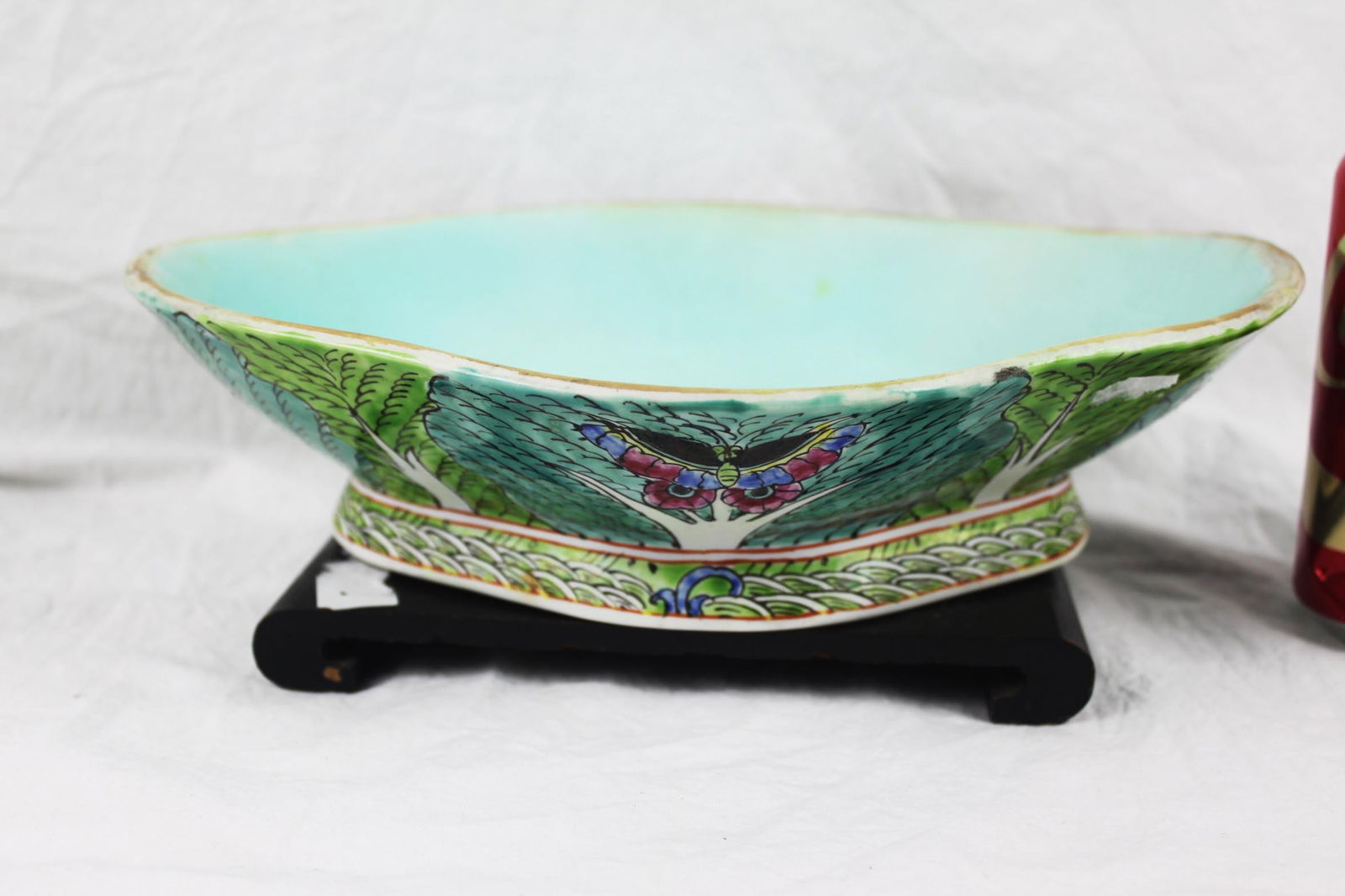 Antique Chinese Famille Verte Butterfly Dish with Turquoise Glaze: 10’'x8''x2''