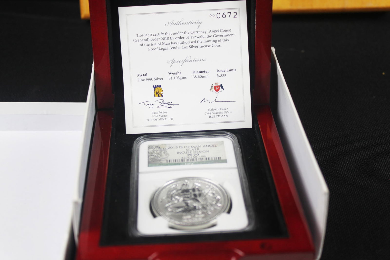 2015 Isle of Man 1 oz Silver Angel Incuse Design NGC PF70  COA & Presentation Box (1 of 7)