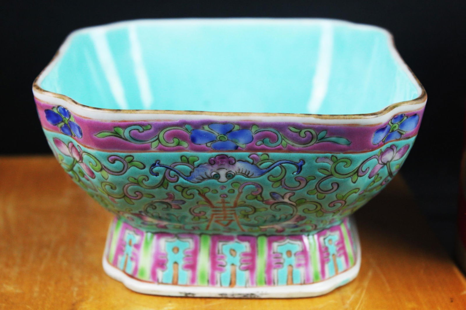 Vintage Chinese Enamelled Turquoise Ground Bowl Famille Rose – Qianlong Seal Mark (1 of 8)