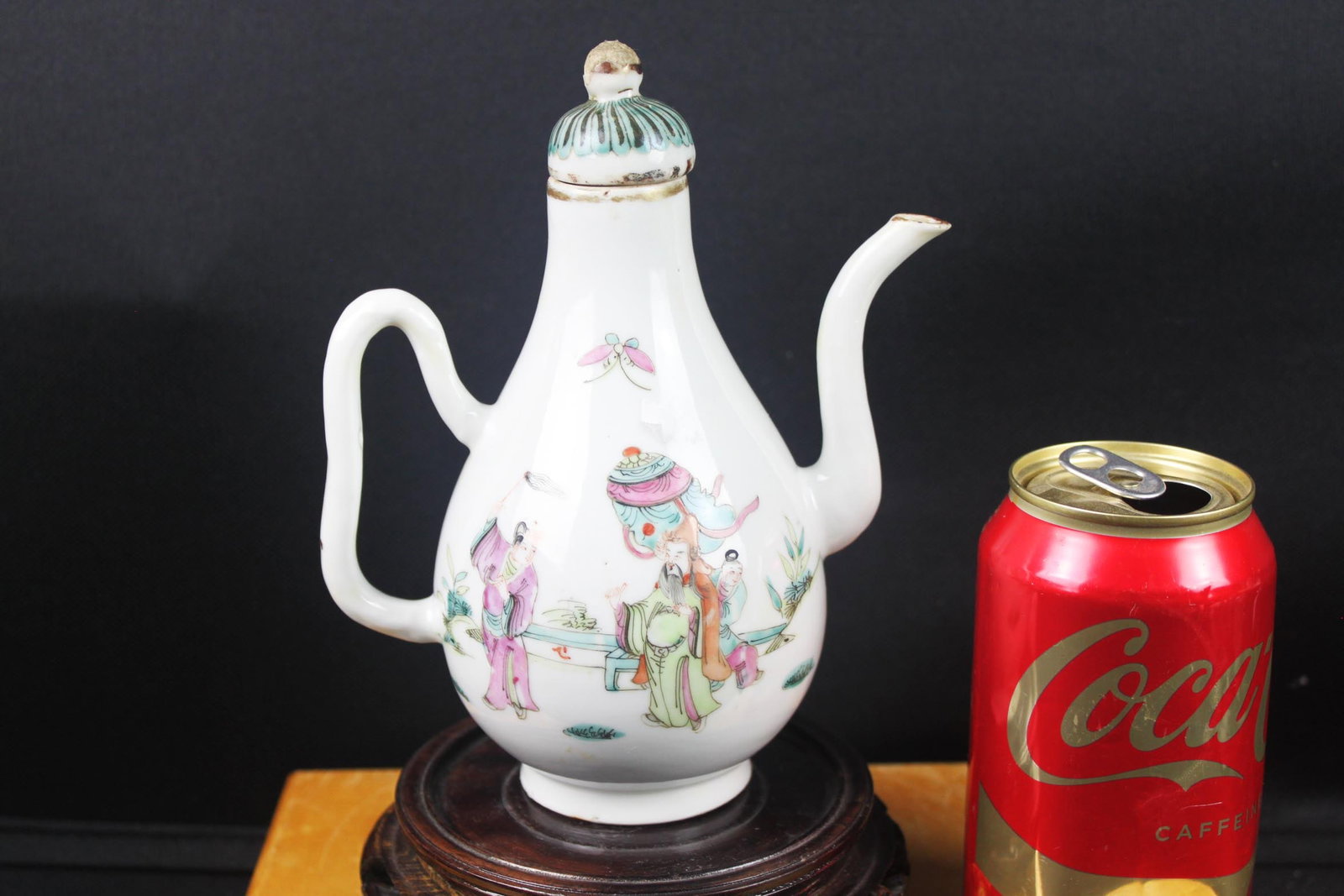 Vintage Chinese Famille Rose Porcelain Ewer / Teapot with Scholars & Ladies: 7''x6''x4'' A vintage Chinese famille rose porcelain ewer featuring finely hand-painted scholars, ladies, and children in a courtyard scene. Elegant elongated spout, curved handle, and domed lid with 