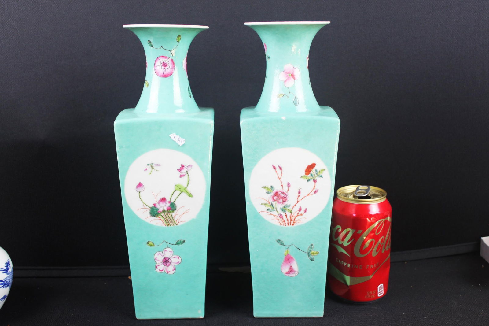 Pair of Chinese Famille Rose Turquoise-Ground Square Vases, Early–Mid 20th Century (1 of 8)
