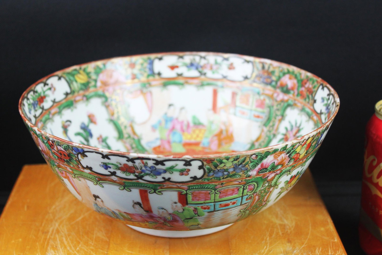 Vintage Chinese Rose Medallion Porcelain Bowl: 9''x4'' This listing is for a vintage Chinese Rose Medallion porcelain bowl, beautifully hand-painted in the classic Famille Rose palette. The bowl features alternating figural courtyard scenes and lu
