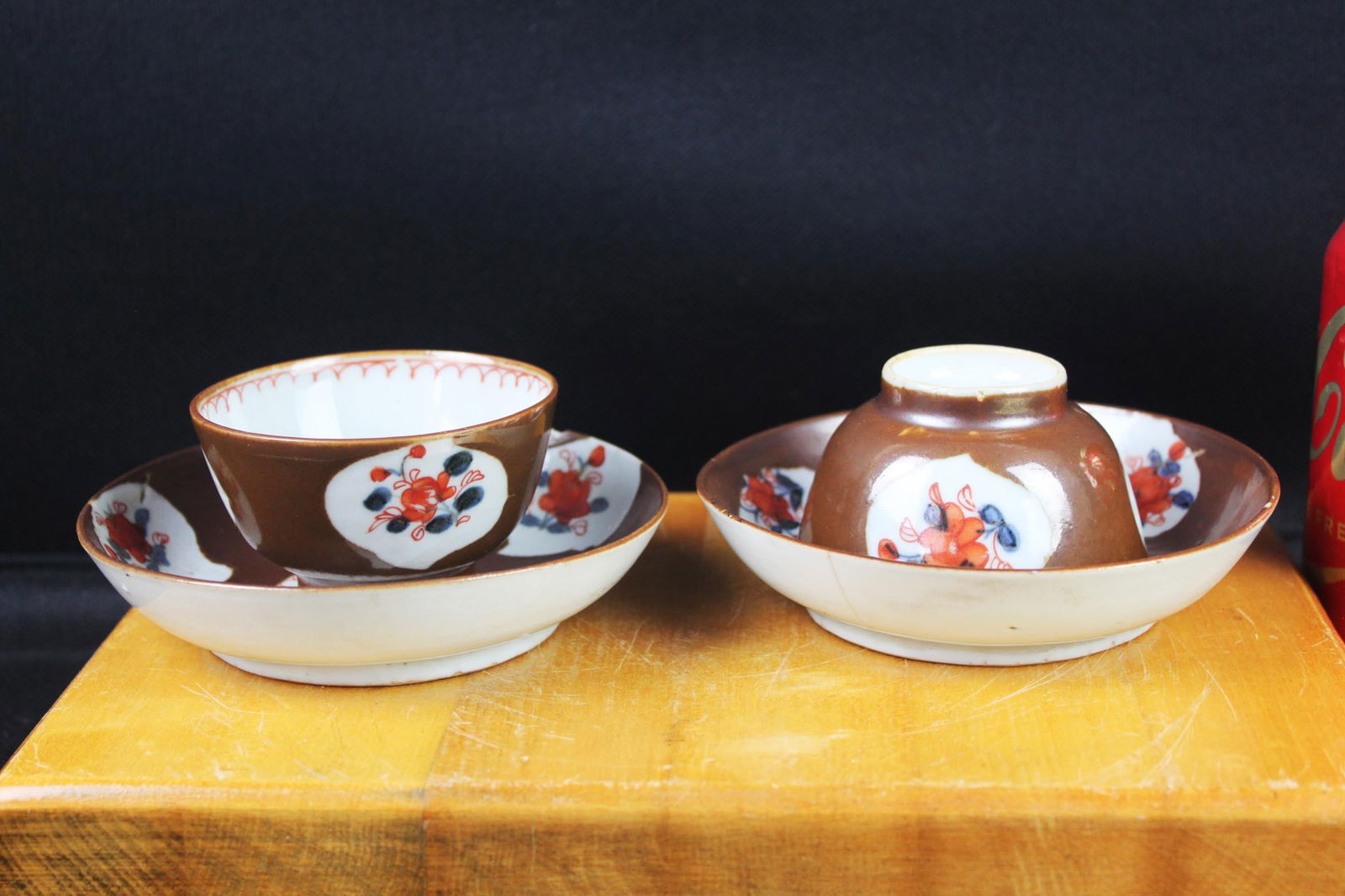 Chinese Export Porcelain Tea Bowl & Saucer Set, Brown Ground with Iron-Red & Blue Floral Medallions, (1 of 9)