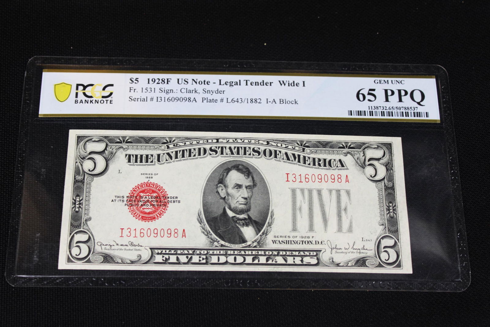 1928F $5 Legal Tender Note (Red Seal), PCGS 65 PPQ collectible (1 of 4)