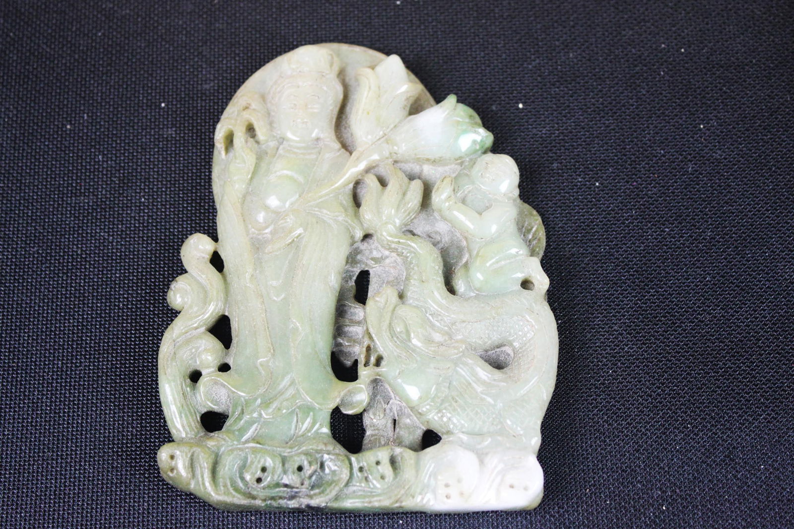 Vintage Chinese Carved Jade-Like Plaque – Guanyin with Child & Phoenix (1 of 6)