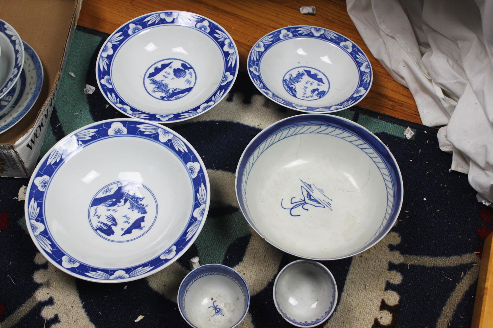 Antique Chinese Canton Blue Porcelain Punch Bowls and plates (6 items) (1 of 9)